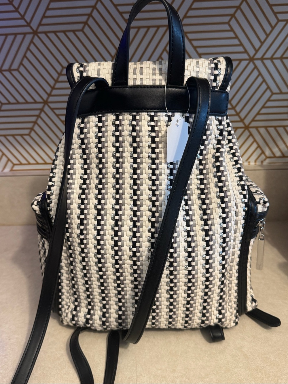 NWOT Ted Baker Allizza Black & Cream w/metallic silver woven Stripe Backpack - Picture 2 of 8